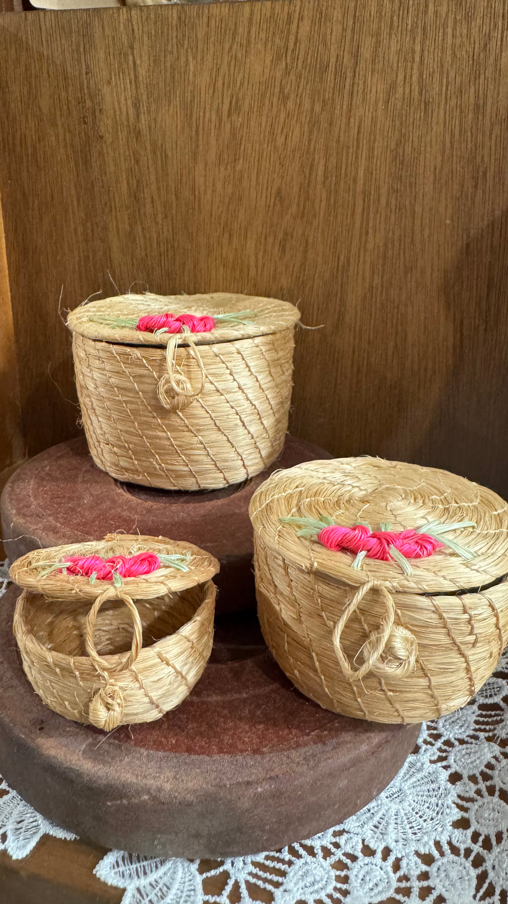 Mini Floral Woven Nesting Baskets with Lids – Set of 3