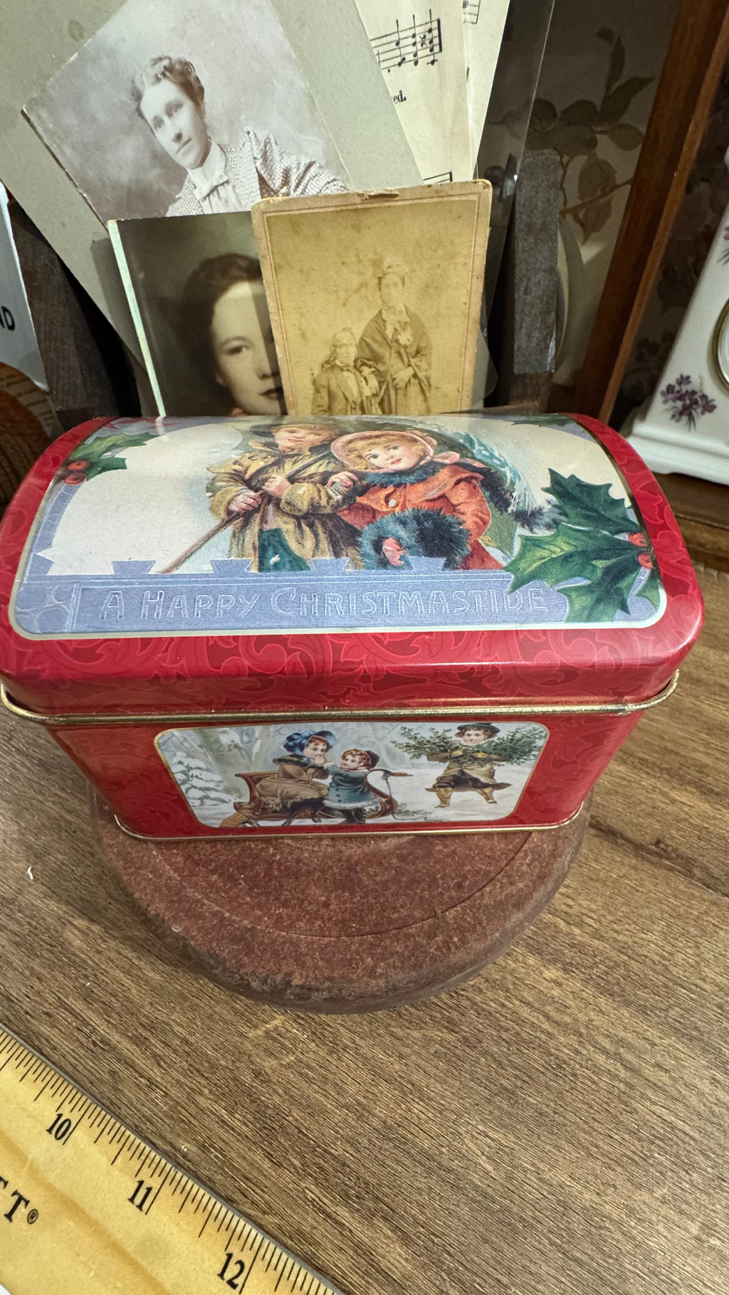 Red Christmas Tin with Victorian-Style Children & Hinged Lid 5x3.5