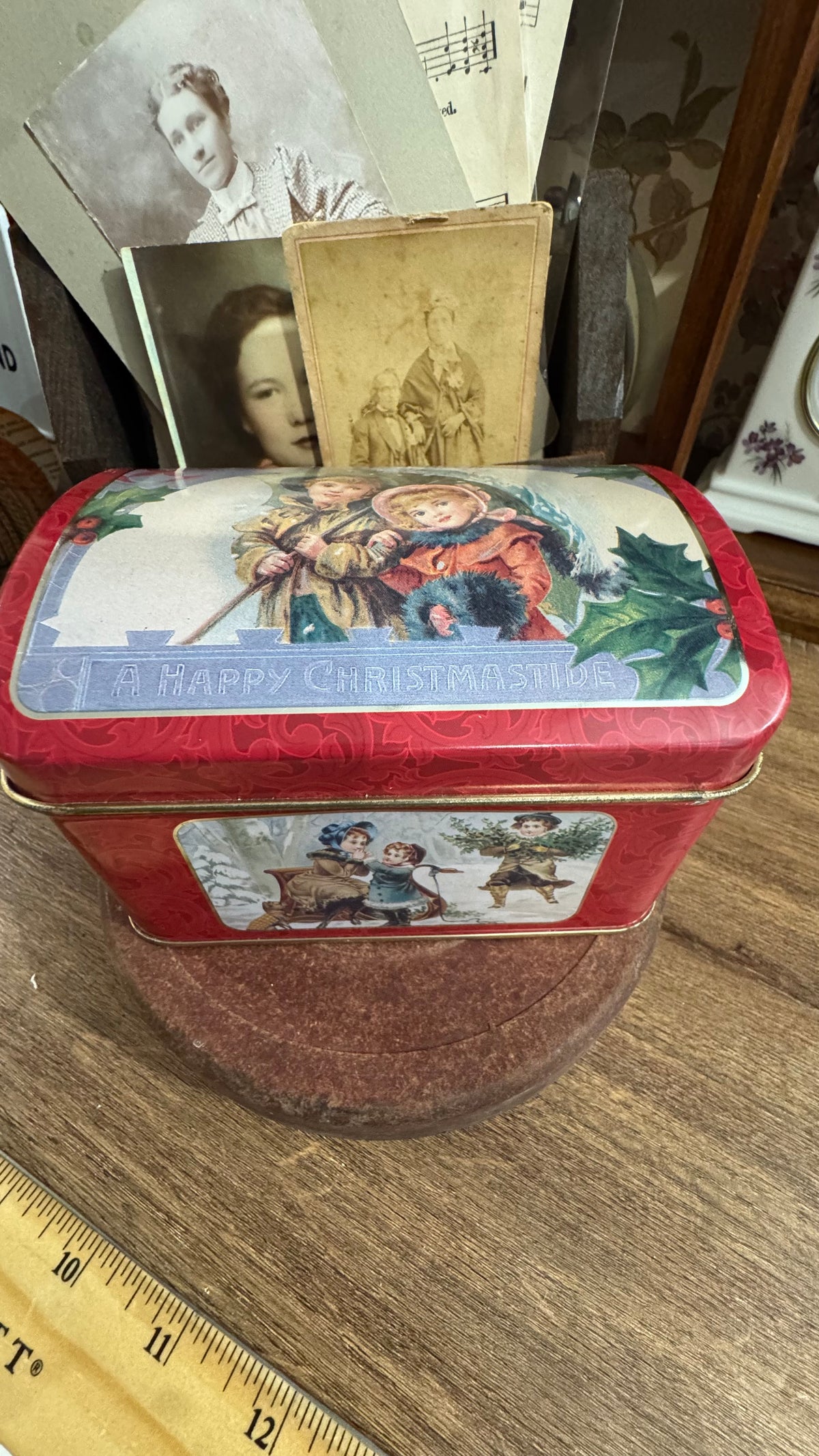 Red Christmas Tin with Victorian-Style Children & Hinged Lid 5x3.5