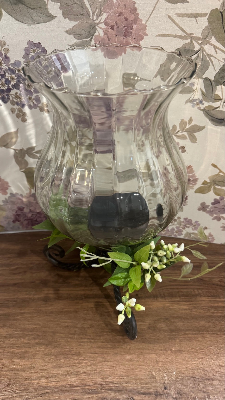 Large Glass Hurricane Vase on Wrought Iron Scroll Stand
