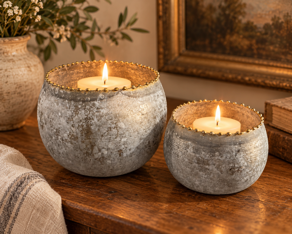 Distressed Gray Metal Decorative Pots / Candle Holders – Set of 2
