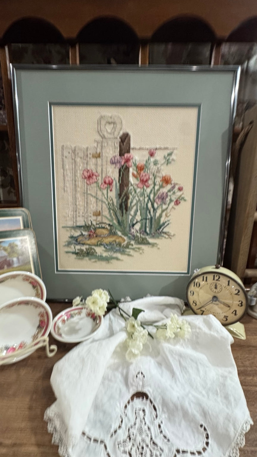 Vintage Hand-Stitched Garden Cross Stitch – Professionally Framed Nielsen USA