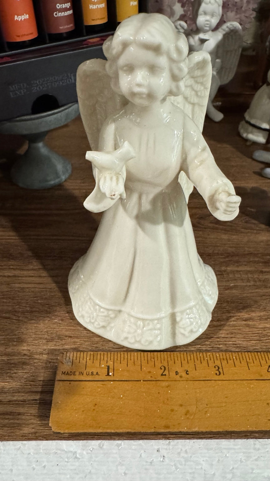 Vintage White Ceramic Angel Figurine with Bird – 6”