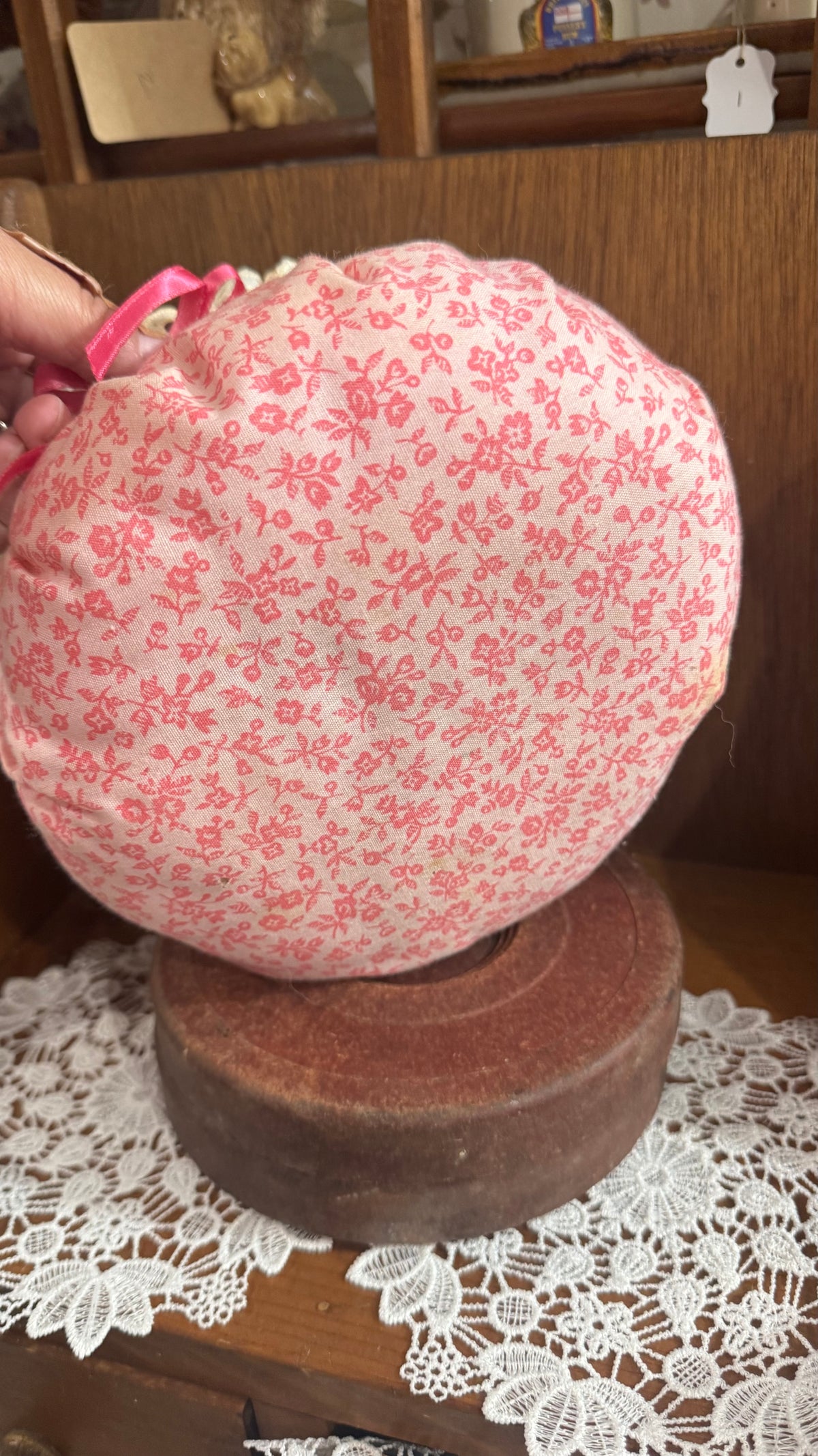 Pink Floral Basket with Cream Eyelet Lace & Ribbon