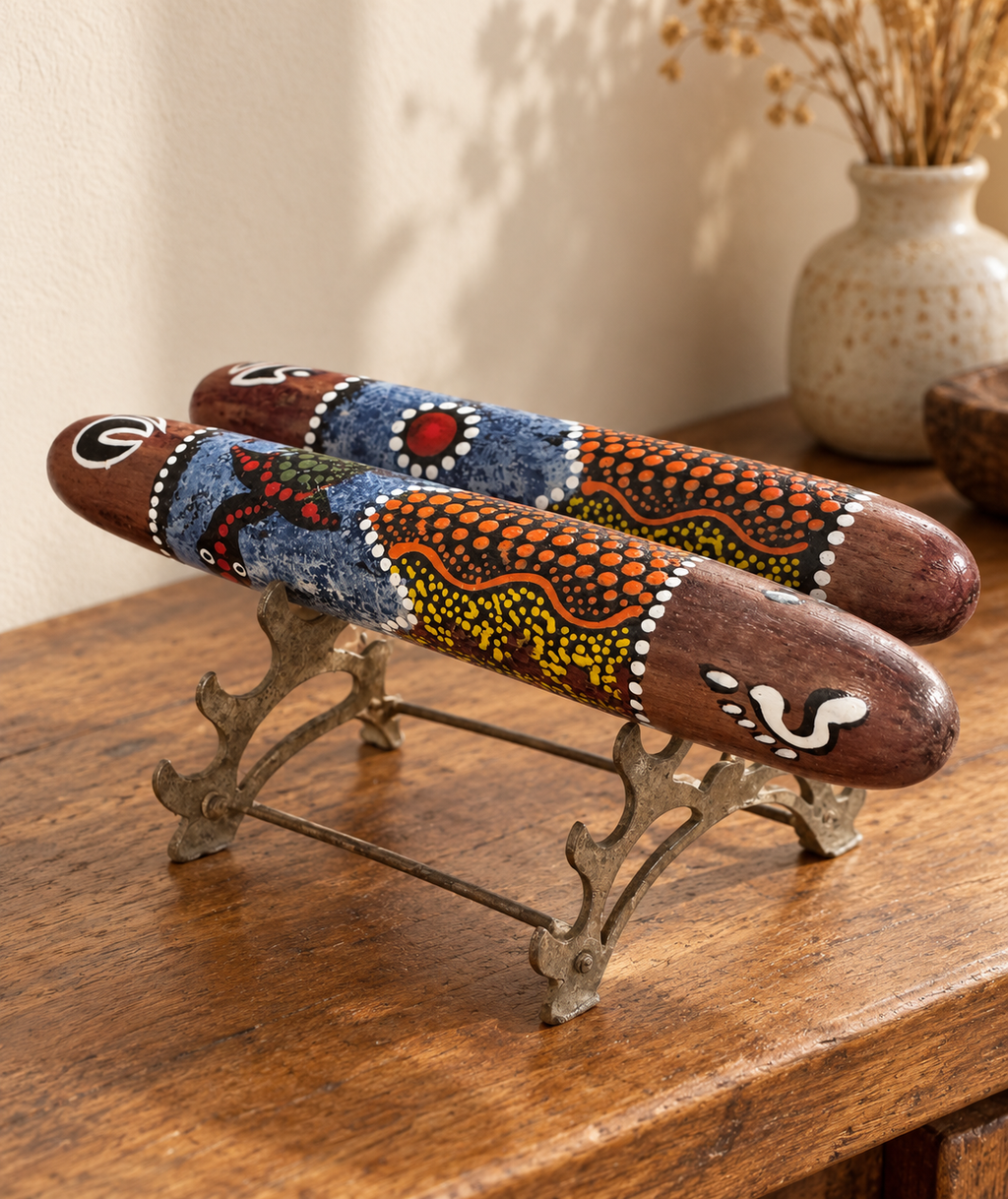 Painted Wooden Clapsticks Pair with Metal Display Stand – 8″