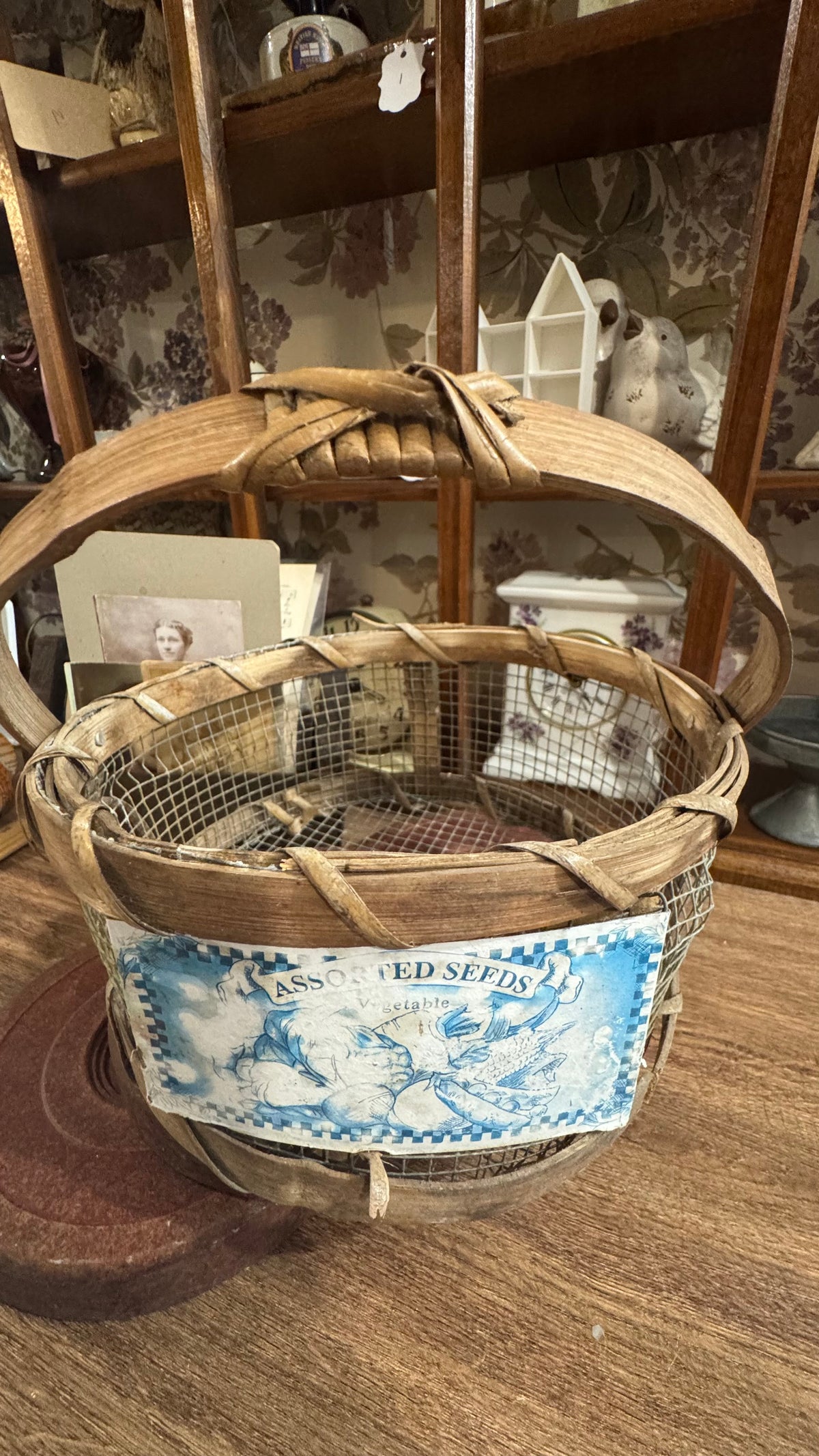 Rustic Wood & Wire “Assorted Seeds” Basket – Primitive Farmhouse Décor