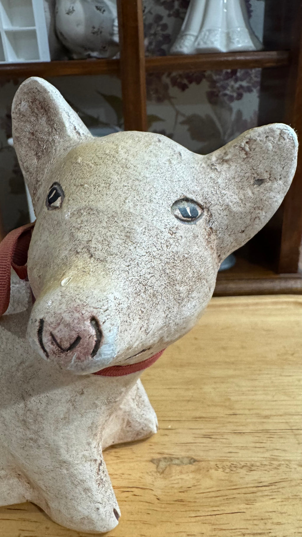 Rustic Sitting Pig Figurine with Red Heart & Bow