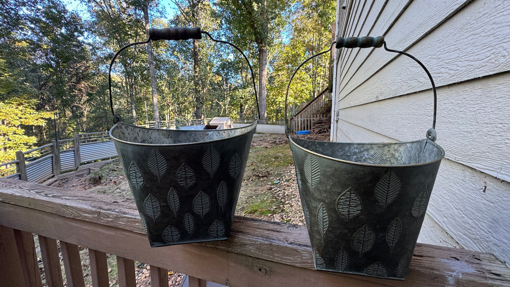 Embossed Leaf Metal Buckets with Wooden Handle Grips – Set of 2