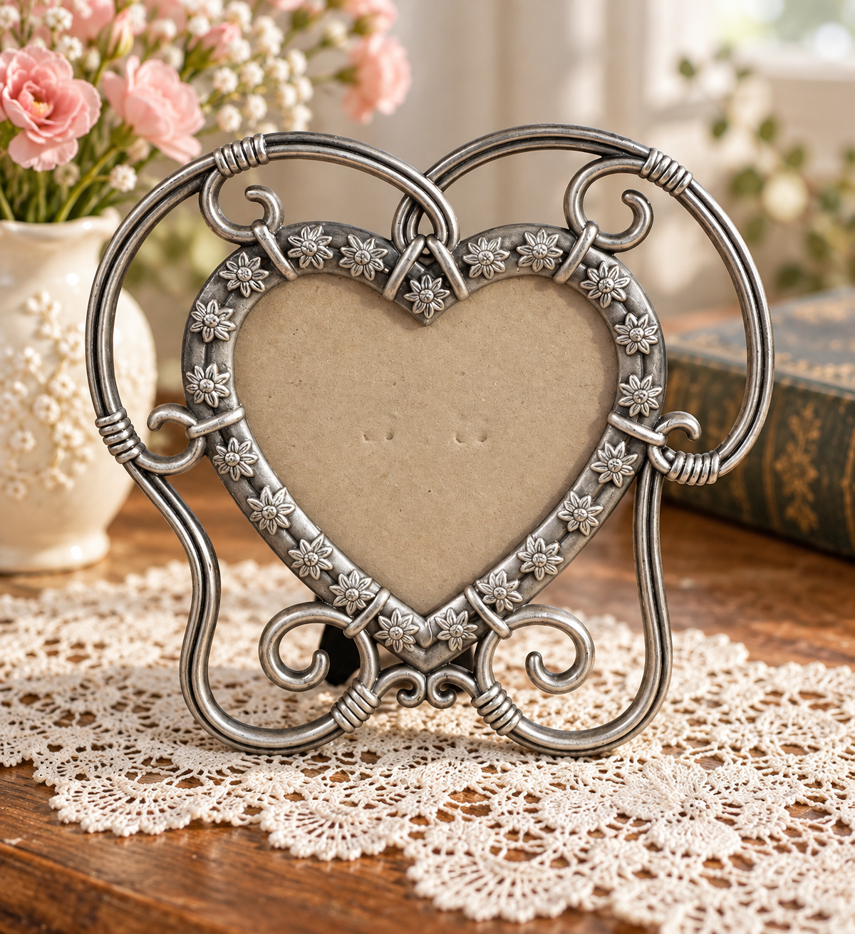 SUN Silver-Tone Heart Picture Frame with Daisies & Scrollwork