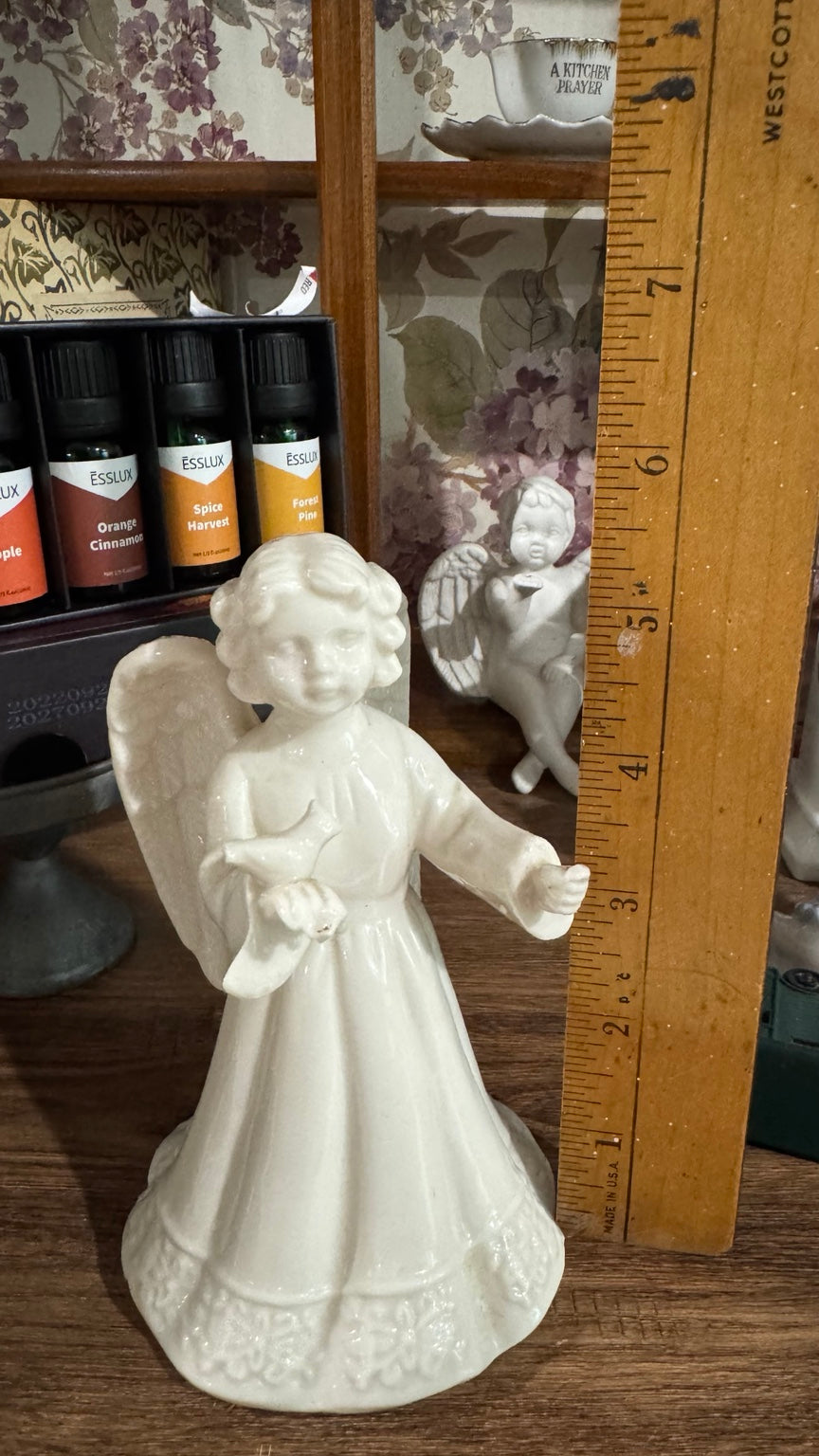 Vintage White Ceramic Angel Figurine with Bird – 6”