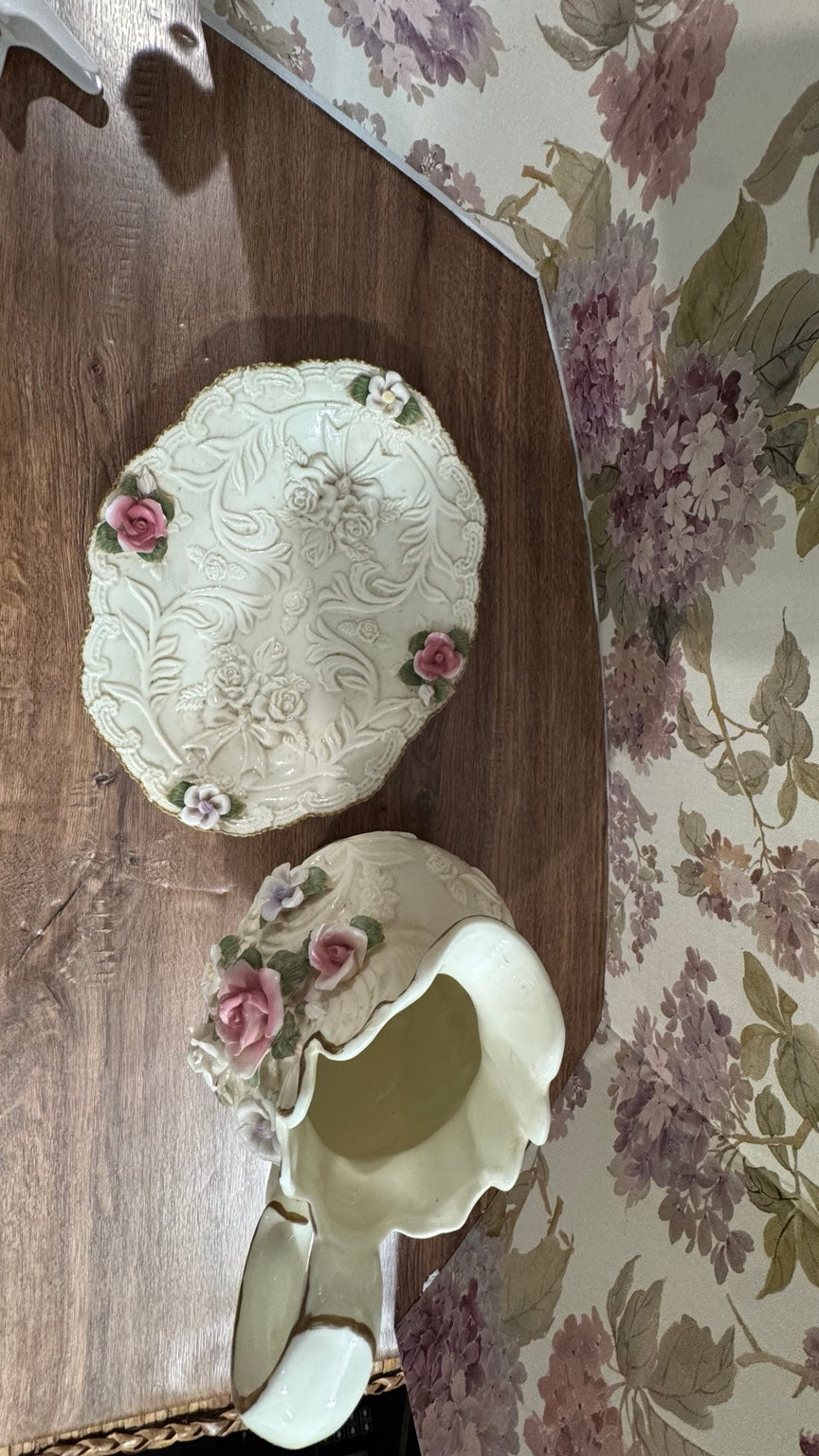 Vintage Porcelain Floral Pitcher & Tray Set – Roses & Gold Trim