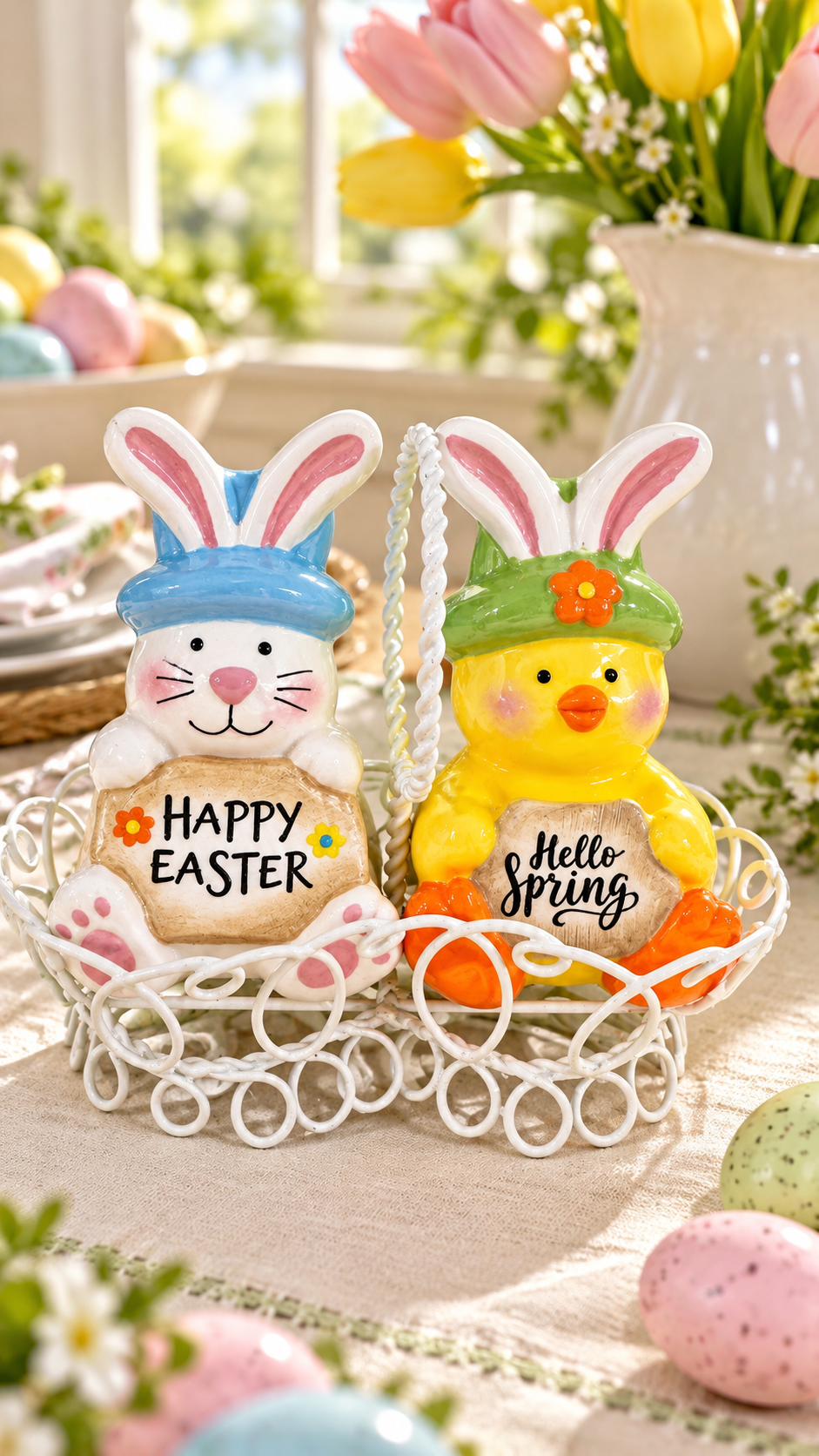 Easter Bunny & Chick Salt and Pepper Shakers with White Wire Basket