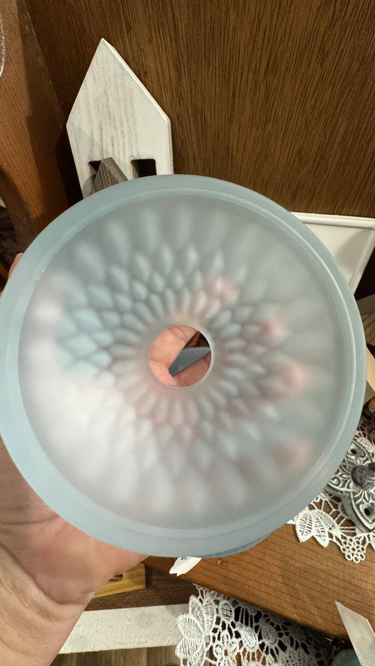 Vintage Pale Blue Frosted Glass Fairy Lamp – Two Piece