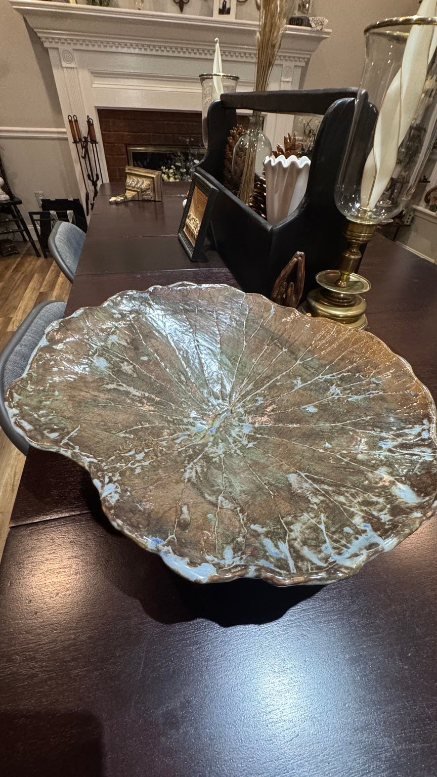 Large Handmade Studio Pottery Leaf Pedestal Bowl – Signed