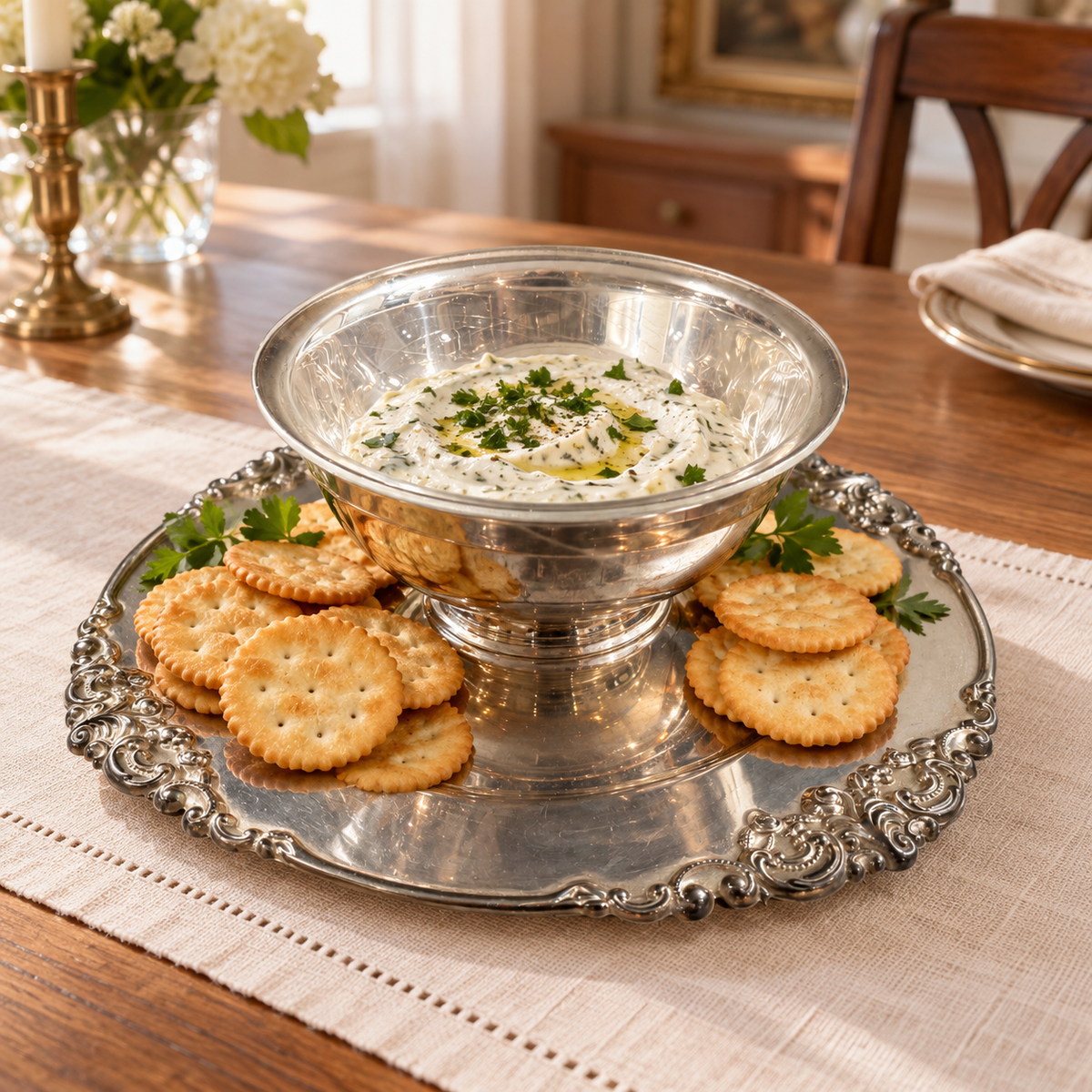 Ornate Silver-Tone Chip & Dip Serving Set – 3 Pieces