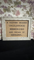 Rustic Farmhouse “A Sister Shares Childhood Memories” Framed Burlap Wall Sign