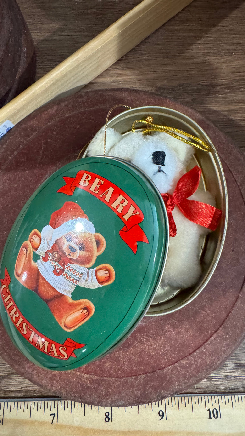 Vintage 1988 “Beary Christmas” Tin Ornament with Mini Plush Bear for the set