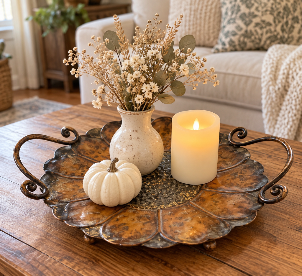 Rustic Metal Sunflower Tray with Scroll Handles