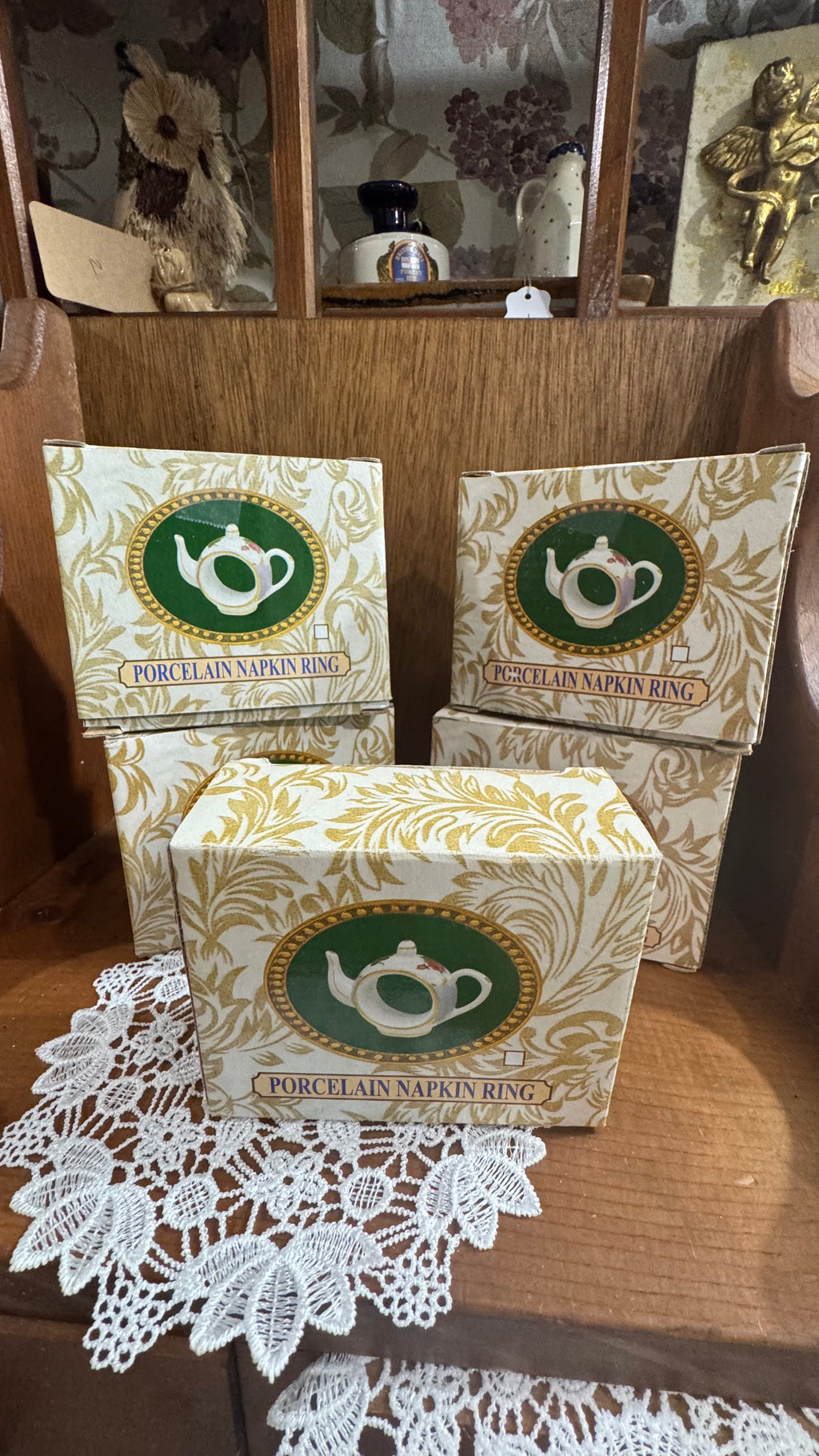 Set of 5 Cracker Barrel Porcelain Teapot Napkin Rings – Pastel Floral & Gold Trim – Boxed